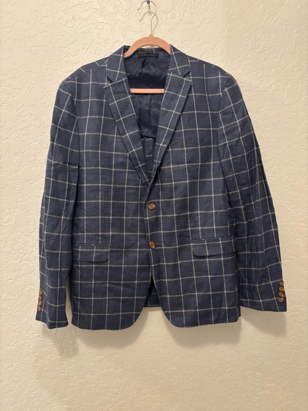 Lauren Ralph Lauren Blazer Mens 43R blue 100% Linen Windowpane Plaid Sports Coat - Picture 2 of 3